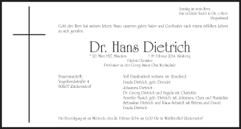 Traueranzeige von Hans Dietrich von Pegnitz-Zeitung